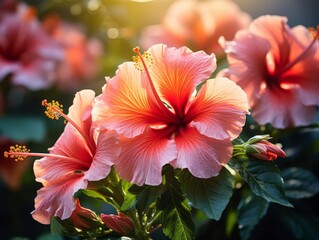 Closeup of vibrant tropical hibiscus flowers, bright sunlight