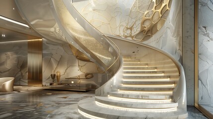 A luxurious staircase with a handrail that doubles as an interactive art installation