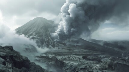 Ash-covered landscape surrounding an active volcano, with billowing clouds of smoke rising from the crater, signaling imminent danger