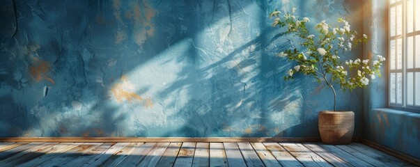 Sunlit room with blue textured wall and wooden flooring featuring a potted plant by the window