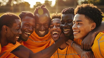 Group of young men joyfully embrace each other, smiling
