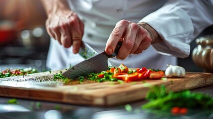 Chef chopping fresh vegetables on a wooden cutting board, preparing ingredients for a healthy meal, showcasing the art of cooking
