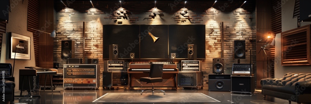 Poster a room bursting with furniture and sound equipment, creating a harmonious blend of function and crea