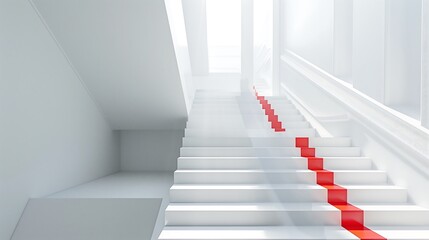 A minimalist staircase with a sleek, all-white design and a single, bold red stripe down the center