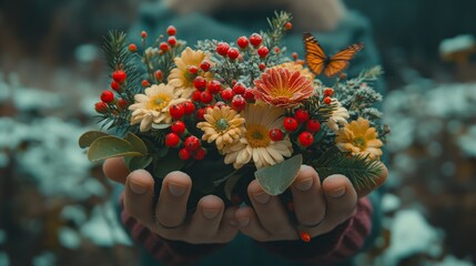A beautiful bouquet in the hand of berries, needles and flowers on the background of winter nature