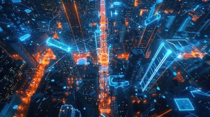 Obraz premium Cityscape ablaze with neon lights and digital connections.