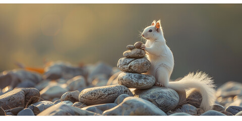 A white squirrel sits on top of a pile of rocks The sun shines brightly in the background - Powered by Adobe