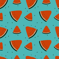 Seamless pattern of watermelon on a blue background.Vector illustration.