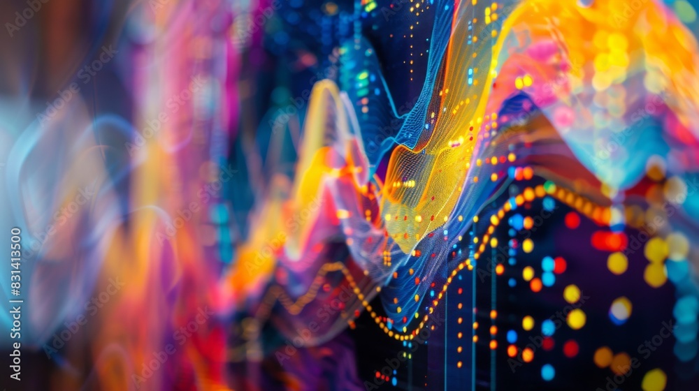 Poster close-up of a colorful line graph on a digital screen, depicting financial data trends and market an