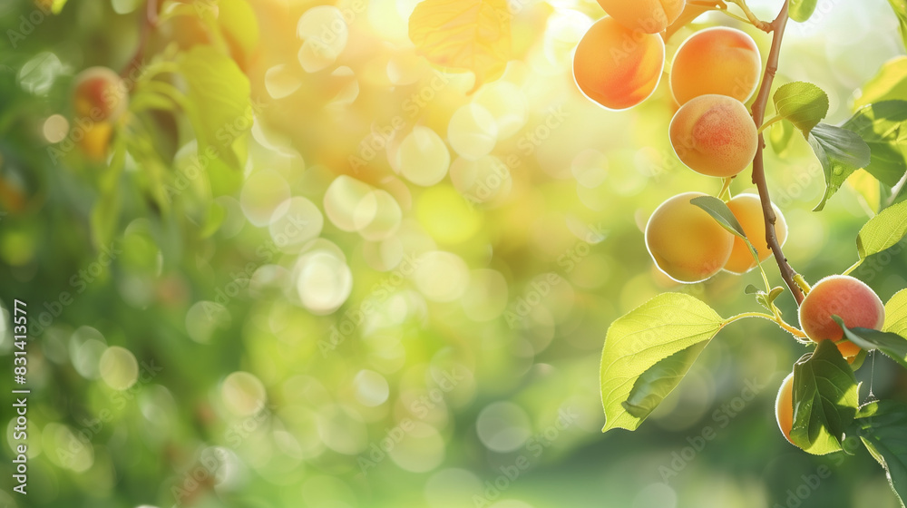 Wall mural Ripe peaches on tree branch with sunlit background

