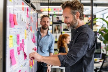 Fototapeta premium A man standing before a whiteboard adorned with sticky notes, deeply engrossed in a brainstorming session to unlock new insights and possibilities.