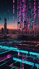 Futuristic digital artwork of a virtual reality landscape with neon cubes and blockchain data streams.