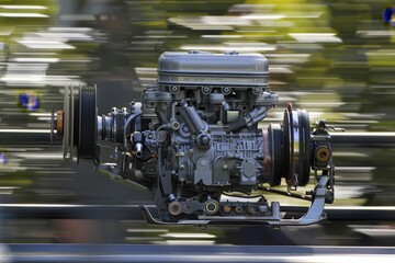 Fototapeta premium An intense close up of a roaring engine on a vehicle, showcasing intricate components in motion.