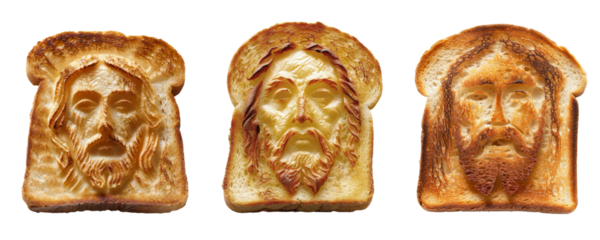 Face of Jesus on a slice of toast, transparent or isolated on white background