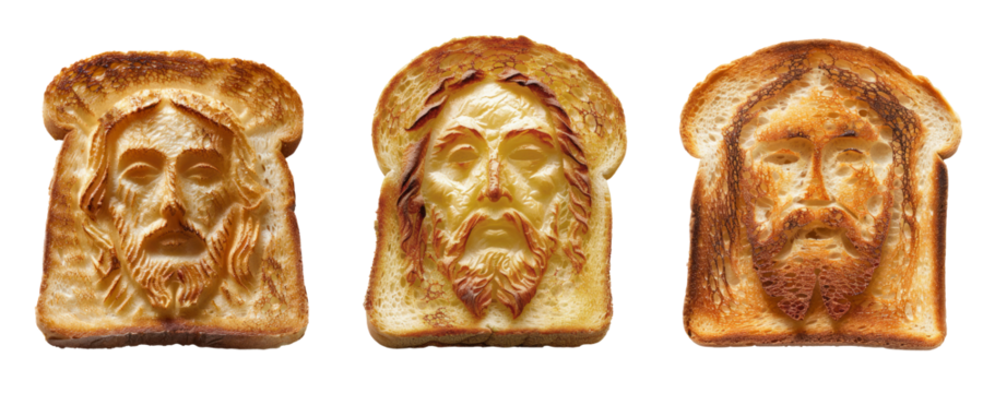 Face of Jesus on a slice of toast, transparent or isolated on white background