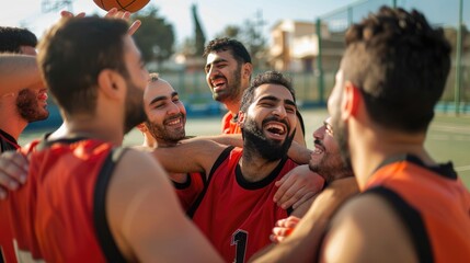 Men standing together on basketball court