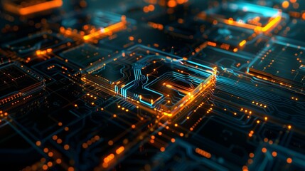 A dynamic abstract composition of overlapping translucent circuit boards, illuminated by pulsing LED lights, creating a futuristic feel