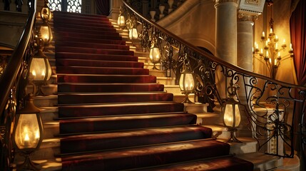 A luxurious staircase with a velvet-lined banister and a series of antique, wrought-iron lanterns