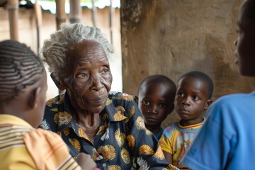Obraz premium Elderly Woman Sharing Stories with Children at Community Center - Emphasizing Wisdom and Storytelling Value