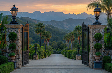 beautiful stone and palm tree entrance gate