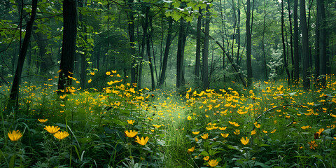 a group of yellow flowers in a lush green forest