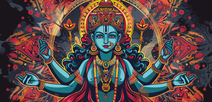 Indian Goddess Kali Maa in Traditional Attire with Vibrant Background.