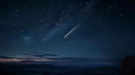 Fototapeta premium Close-up of a shooting star streaking across the dark sky, leaving a trail of light in its wake during a meteor shower