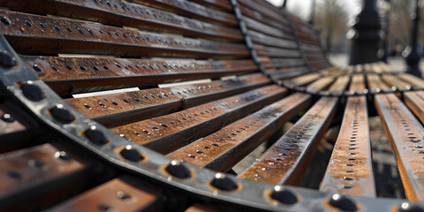 A close-up of a wooden bench with metal accents - Powered by Adobe