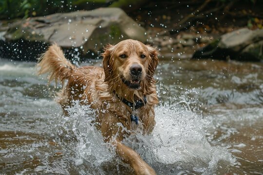 Joyful golden retriever splashing through water in a natural river setting