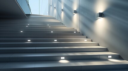 A minimalist staircase with a clean, linear design and a series of recessed, wall-mounted lights