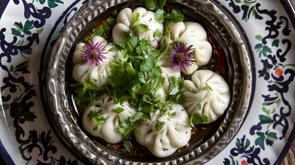 appetizing khinkali (dumplings) with herbs