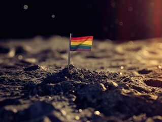 Rainbow flag on a flagpole on the surface of the moon. AI generative.