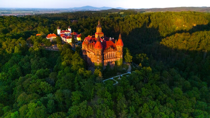 aerial view of księż castle in wałbrzych at sunset in spring in poland