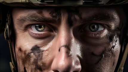 A powerful close-up image of a soldier's face, showcasing intense determination and focus