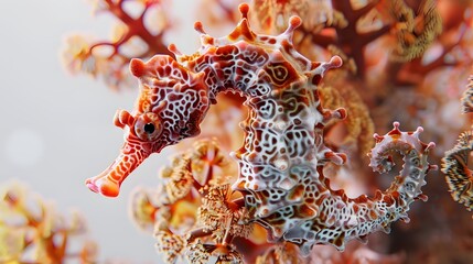 A mesmerizing close-up image of a seahorse, showcasing its intricate patterns and vibrant colors