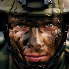 A close-up of a soldier's face, painted with camouflage and war paint, showcasing a look of intense determination and focus