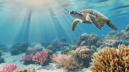 a sea turtle gliding gracefully above a vibrant coral reef. The sunlight filters through the water, casting beautiful rays that illuminate the diverse marine life below.
