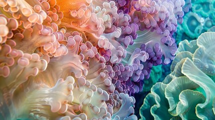 A mesmerizing close-up of a vibrant underwater scene, showcasing the intricate and colorful details of sea anemones or corals.
