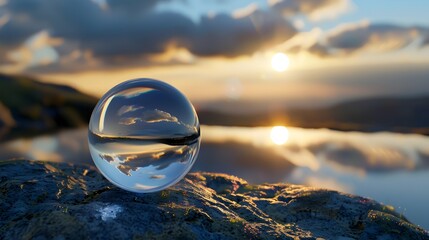 A stunning image capturing the reflection of a vibrant sunset within a crystal ball placed on a rocky surface.