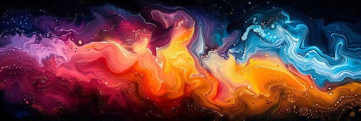 contemporary abstract painting with fluid dynamic forms and vibrant colors captured using Long Exposure Photography and InBody Image Stabilization for a fluid motionfilled effect