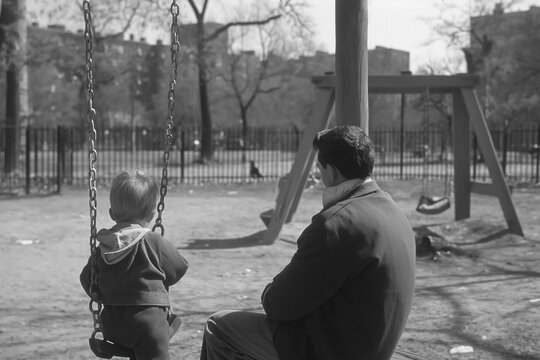 Black and white retro Vintage image from the 1960s: Young father posing with his son in a playground from behind