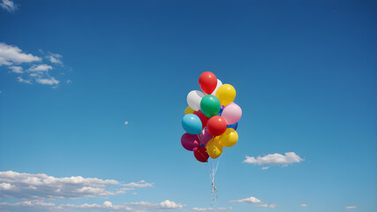 Obraz premium Birthday baloon flying for party. Bunch of flying helium balloon for birthday or anniversary congratulation concept.