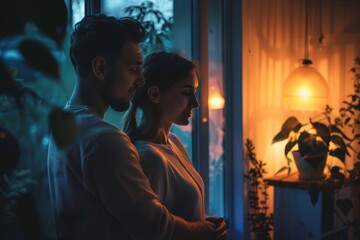Couple in Cozy, Modern Home, Embraced in Evening Light - Warm and Intimate Ambiance for Winter Evening Concept