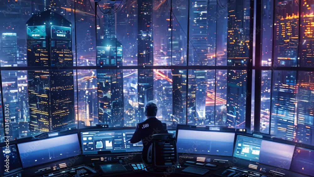 Poster a man seated at a desk, attentively overseeing numerous computer monitors displaying data, a high-te
