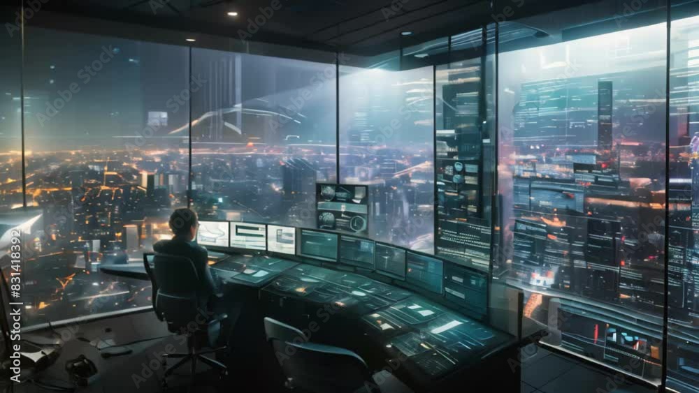 Poster a man sits at a desk in a high-tech command center, looking out the window, a high-tech command cent
