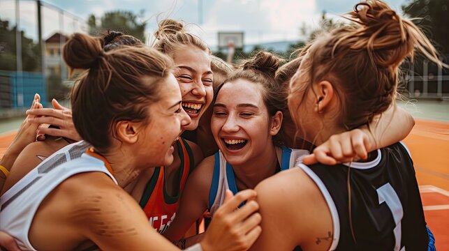 Moment of celebration as women's basketball players embrace in a group hug - Powered by Adobe