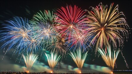 A stunning display of multicolored fireworks exploding against a clear night sky, with vibrant bursts of red, blue, green, and gold lighting up the scene