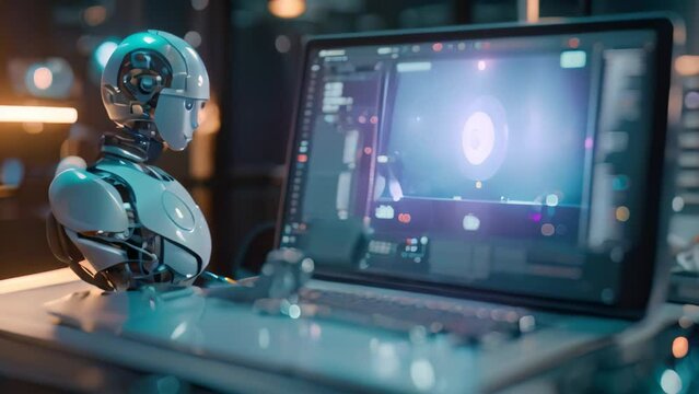 A robot sits in front of a laptop computer, interacting with advanced technology, A high-tech laptop with an advanced AI assistant and voice recognition capabilities