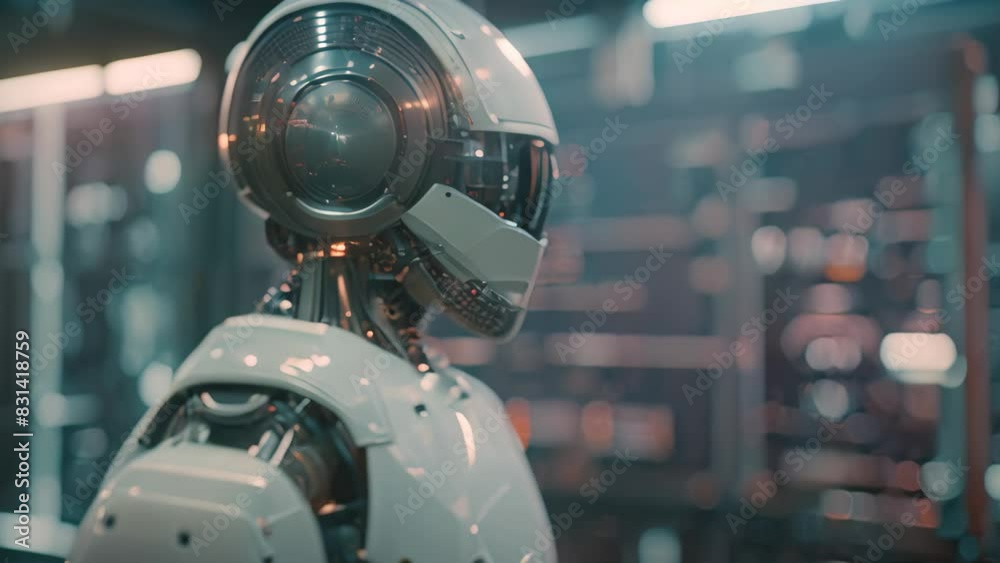 Poster a robot is positioned in front of a wall of windows in a high-tech workspace, a high-tech workspace 