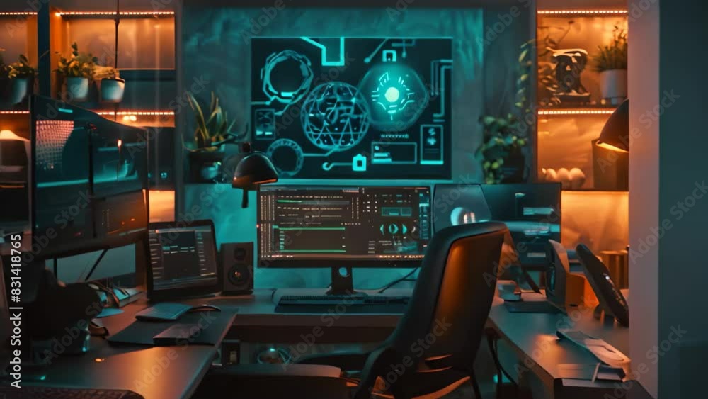 Poster a computer desk with a monitor and a keyboard, showcasing a high-tech workspace with advanced ai ass